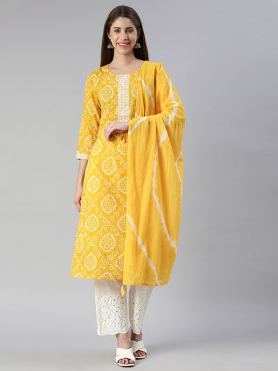 Neerus Women  Mustard Printed Calf Length Kurta And Palazzos With Dupatta