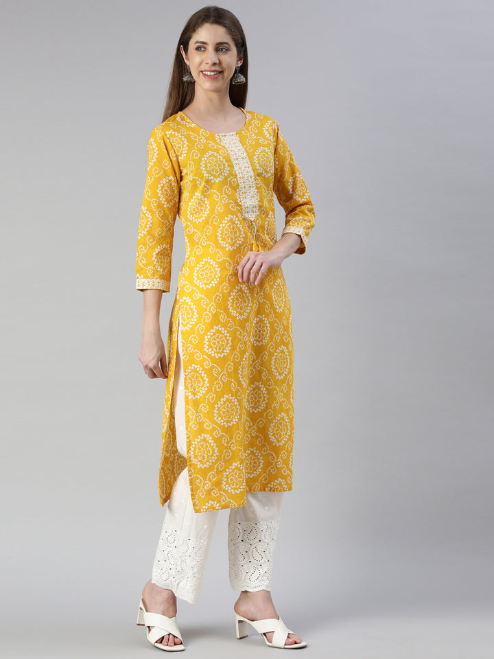Neerus Women Mustard Printed Calf Length Kurta And Palazzos With Dupatta