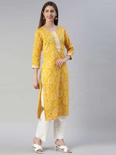 Neerus Women  Mustard Printed Calf Length Kurta And Palazzos With Dupatta