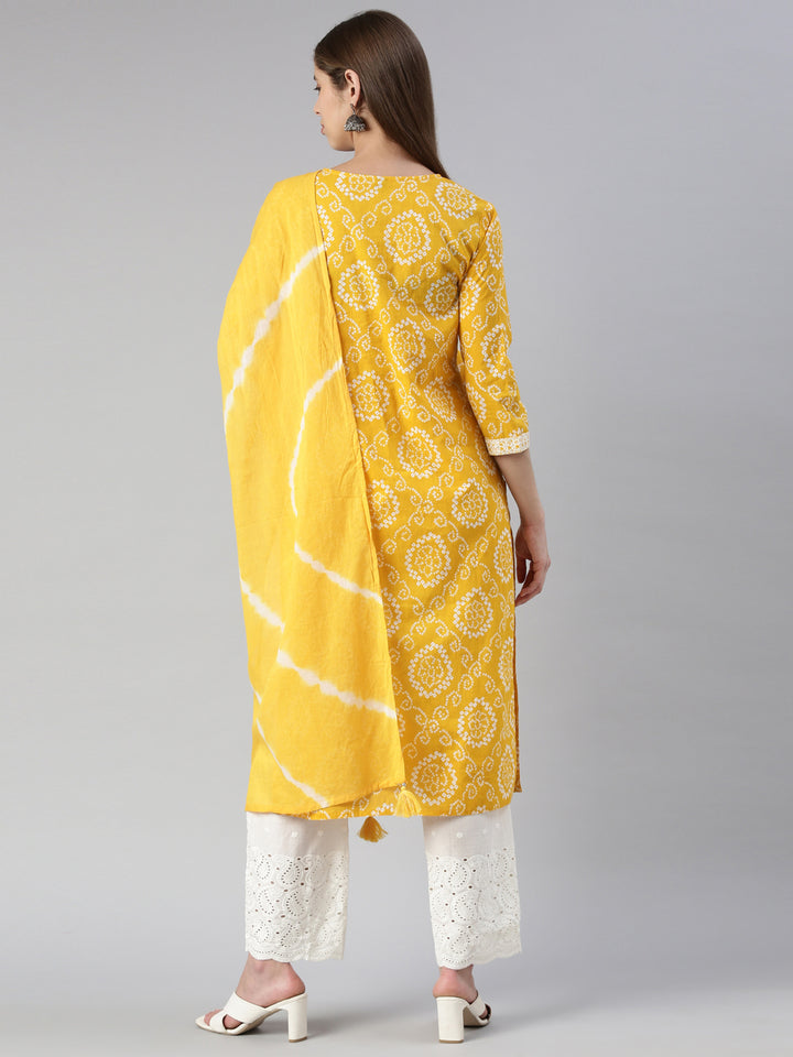 Neerus Women Mustard Printed Calf Length Kurta And Palazzos With Dupatta