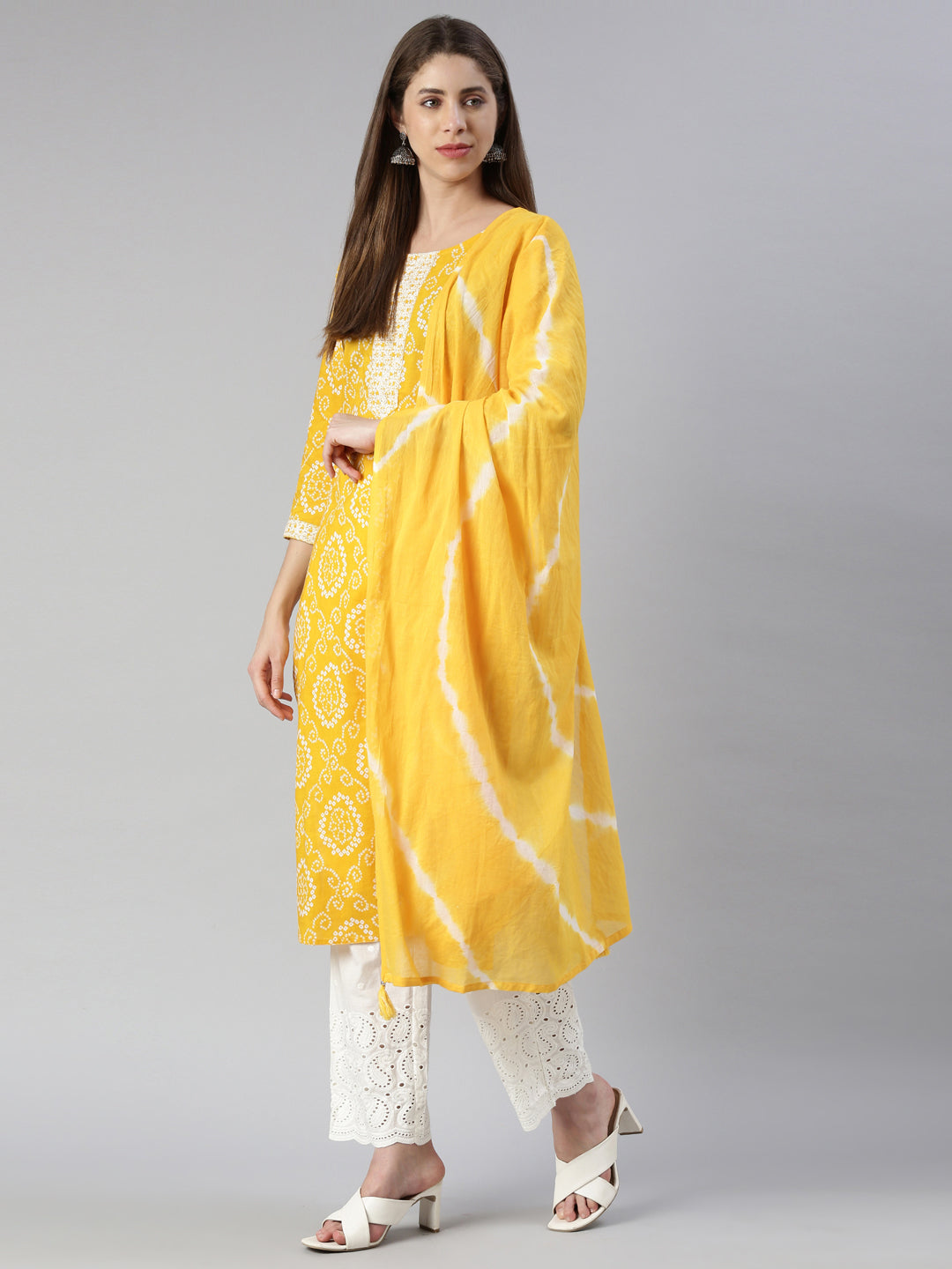 Neerus Women Mustard Printed Calf Length Kurta And Palazzos With Dupatta