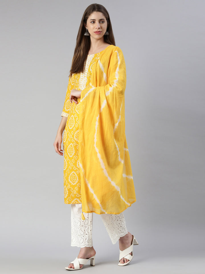 Neerus Women Mustard Printed Calf Length Kurta And Palazzos With Dupatta
