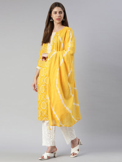 Neerus Women  Mustard Printed Calf Length Kurta And Palazzos With Dupatta