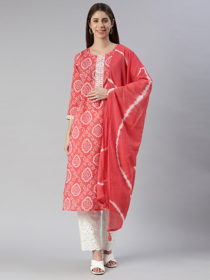 Neerus Women Red Printed Calf Length Kurta And Palazzos With Dupatta