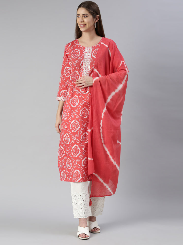 Neerus Women Red Printed Calf Length Kurta And Palazzos With Dupatta