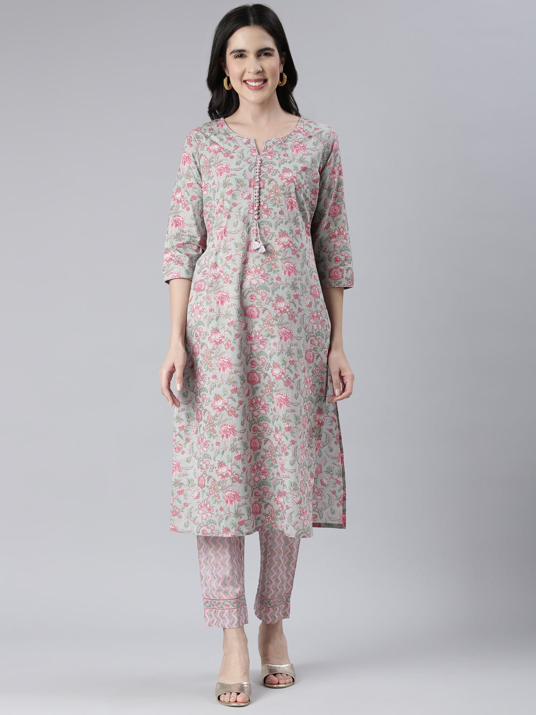 Neerus Women Grey Printed Calf Length Kurta And Trousers