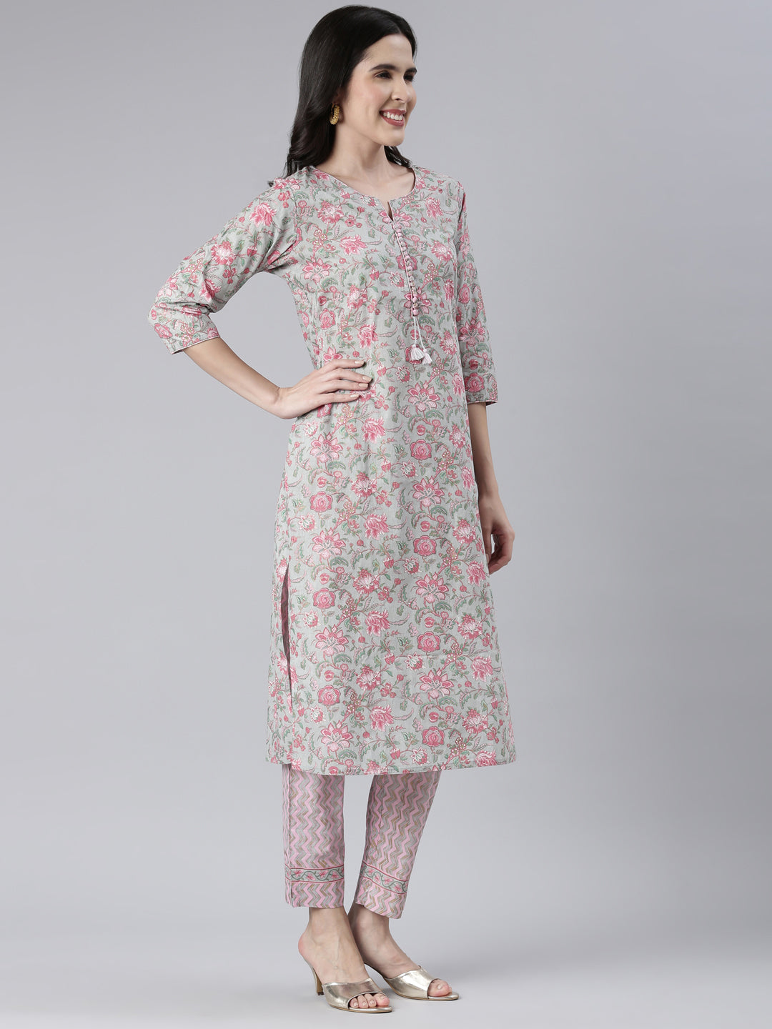 Neerus Women Grey Printed Calf Length Kurta And Trousers