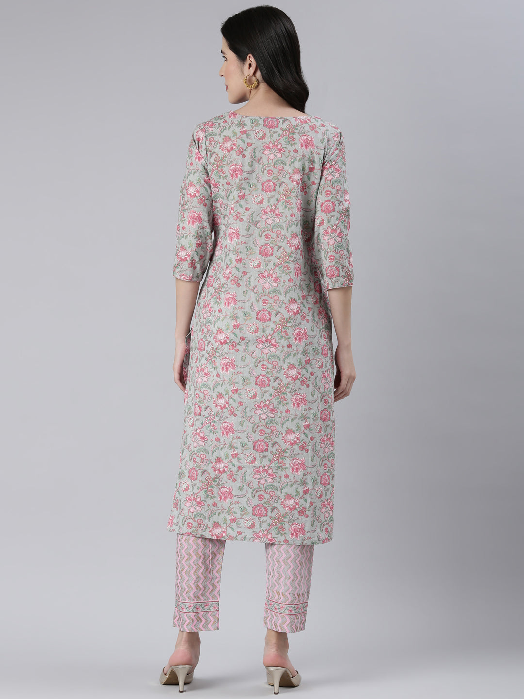 Neerus Women Grey Printed Calf Length Kurta And Trousers