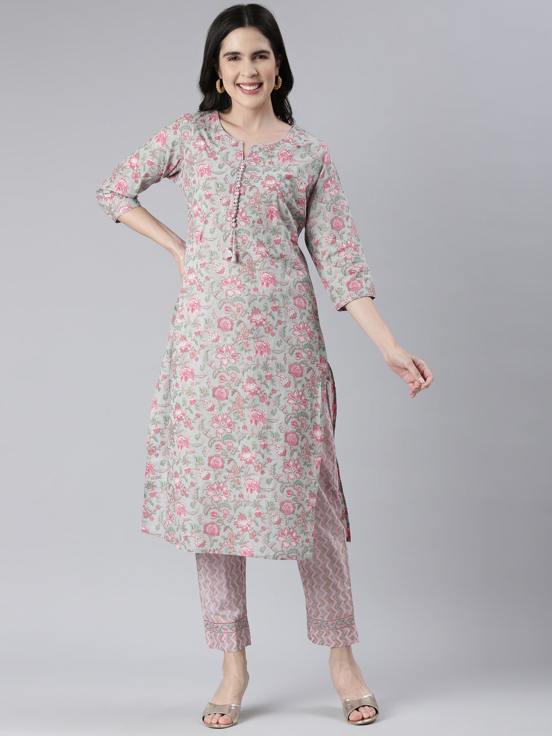 Neerus Women Grey Printed Calf Length Kurta And Trousers