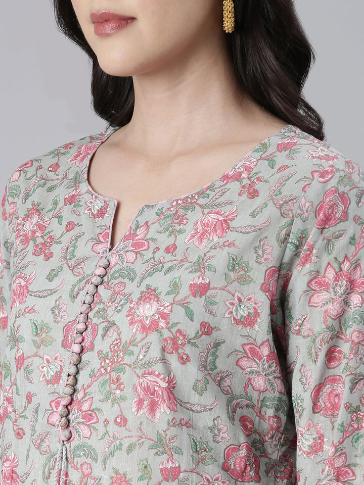 Neerus Women Grey Printed Calf Length Kurta And Trousers