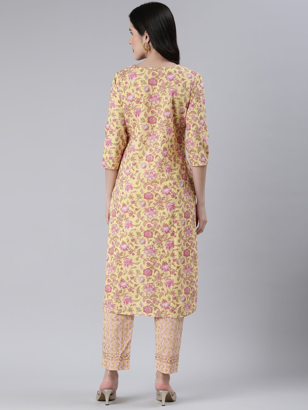 Neerus Yellow printed straight kurta set with trousers - side view