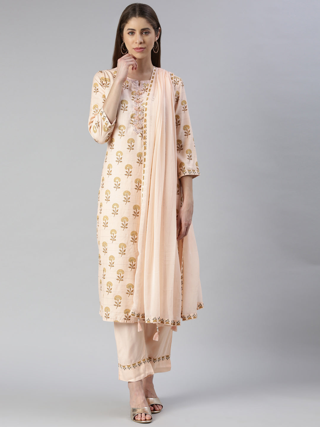 Neerus Orange rayon printed kurta set with trouser and dupatta - front view