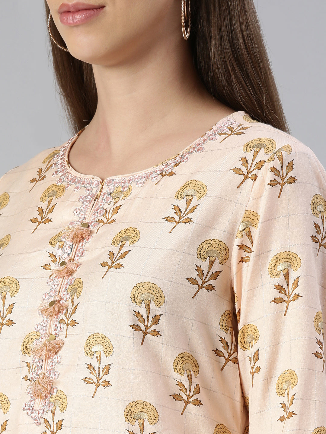 Neerus Orange rayon printed kurta set with trouser and dupatta - detail view 1