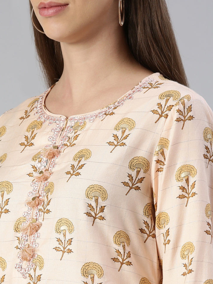 Neerus Orange rayon printed kurta set with trouser and dupatta - detail view 1