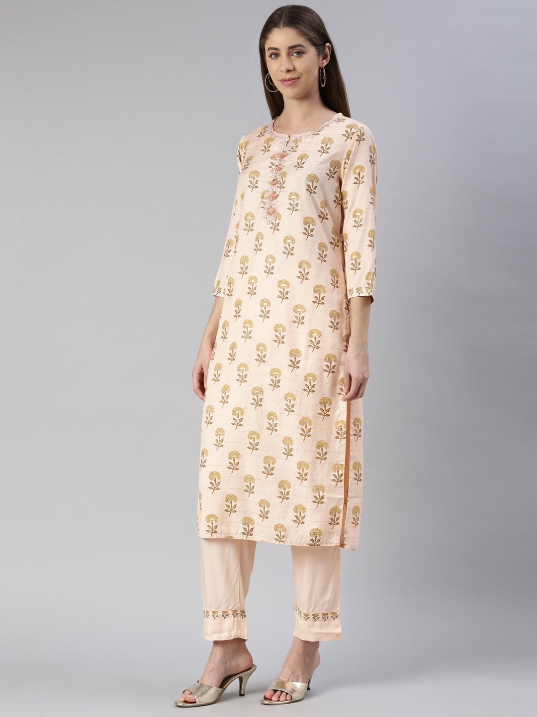 Neerus Orange rayon printed kurta set with trouser and dupatta - back view