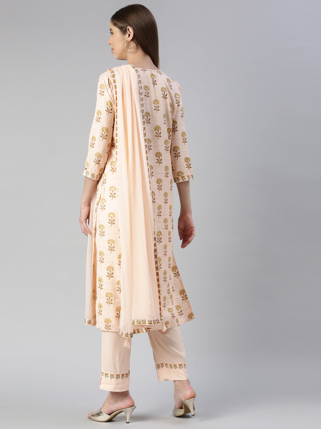 Neerus Orange rayon printed kurta set with trouser and dupatta - side view
