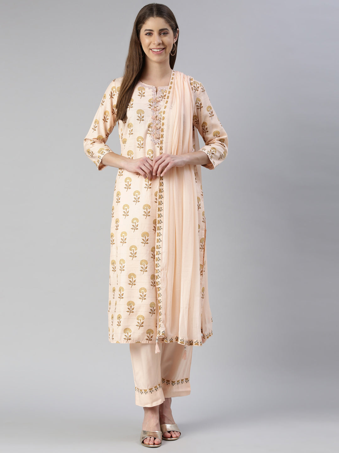 Neerus Orange rayon printed kurta set with trouser and dupatta - detail view 2
