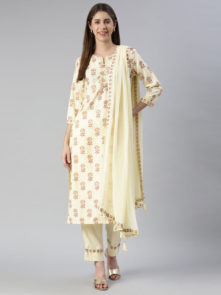 Neerus Women Yellow Printed Calf Length Kurta And Trousers With Dupatta