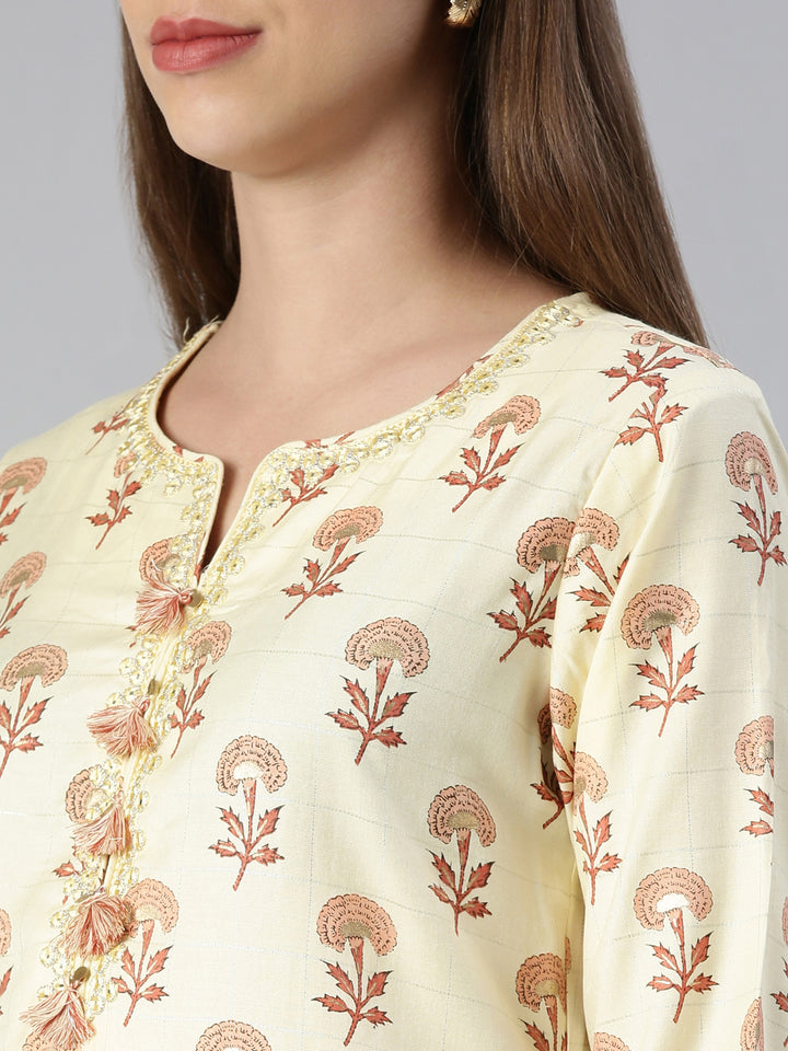 Neerus Women Yellow Printed Calf Length Kurta And Trousers With Dupatta
