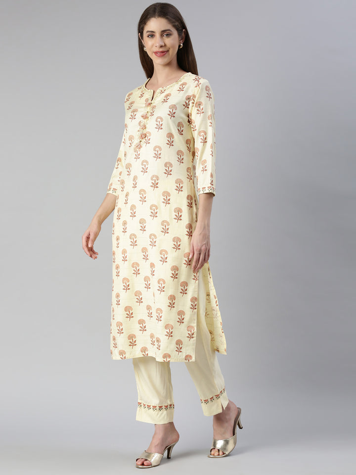 Neerus Women Yellow Printed Calf Length Kurta And Trousers With Dupatta