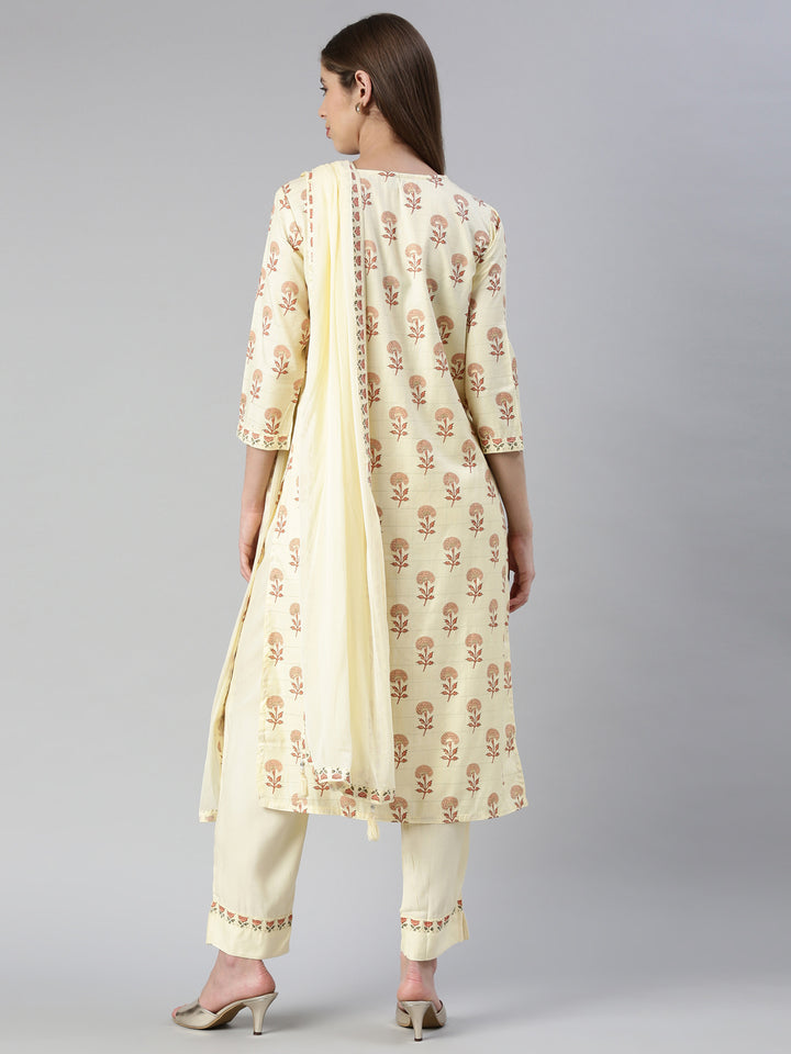 Neerus Women Yellow Printed Calf Length Kurta And Trousers With Dupatta