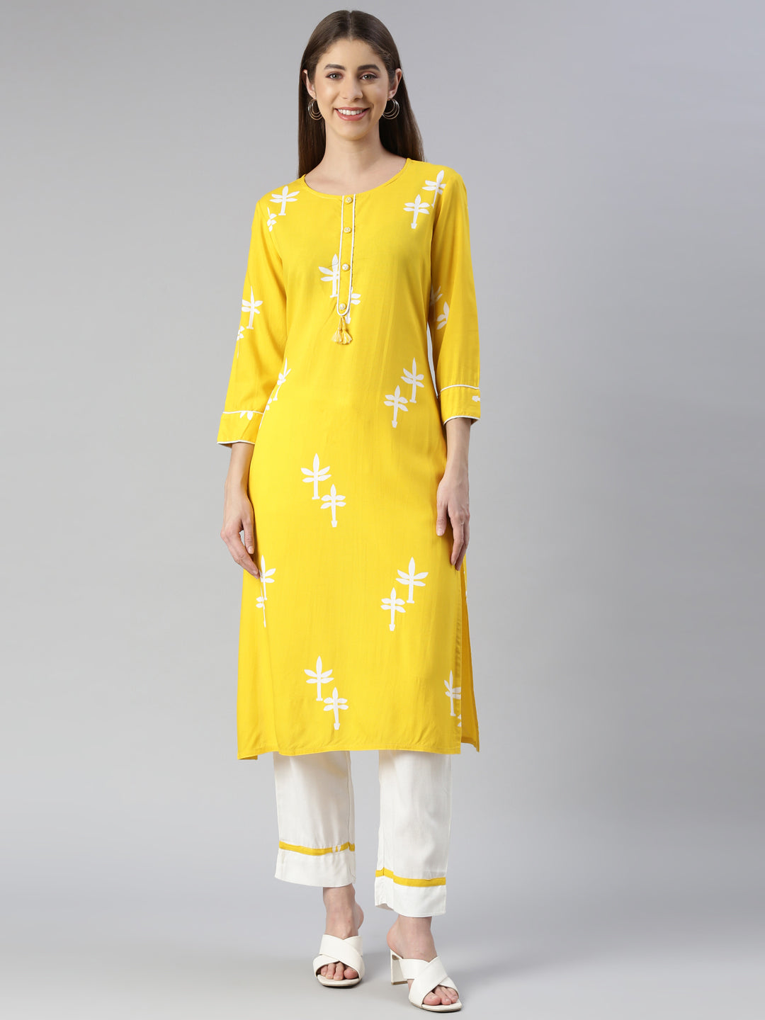 Neerus Yellow printed kurta set with trousers - front view