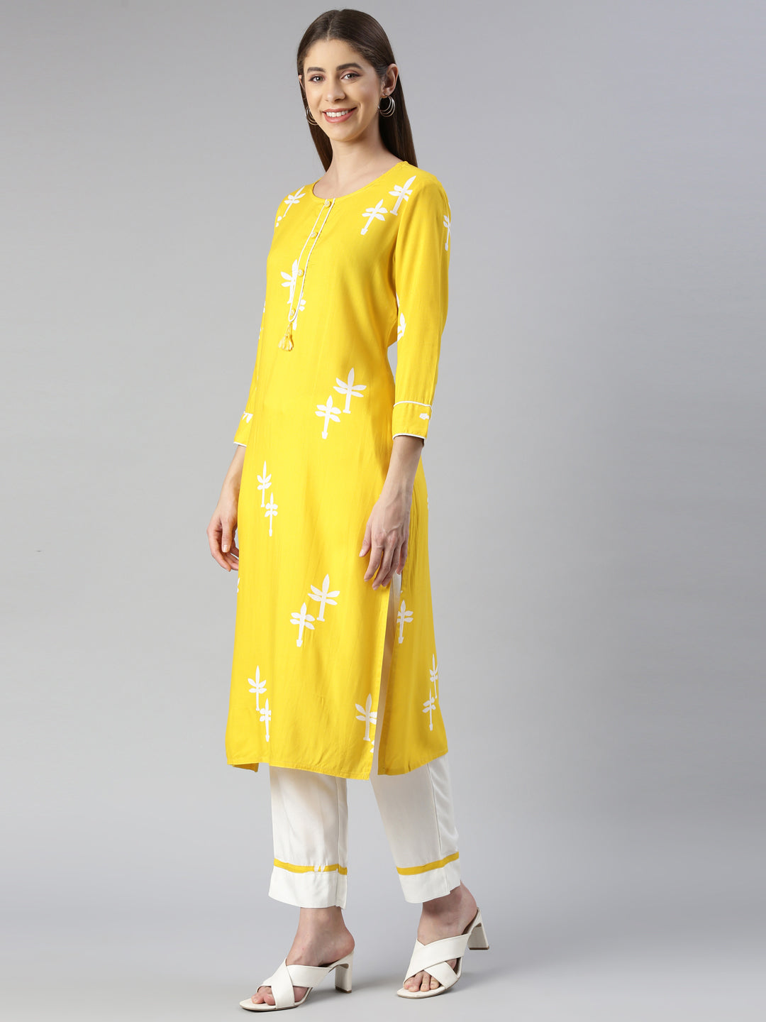 Neerus Women  Yellow Printed Calf Length Kurta And Trousers