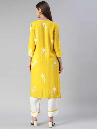 Neerus Women  Yellow Printed Calf Length Kurta And Trousers