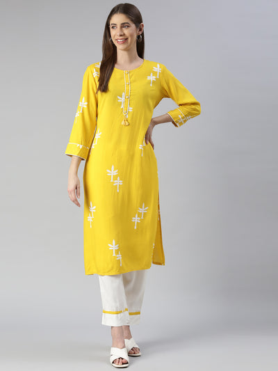 Neerus Women  Yellow Printed Calf Length Kurta And Trousers