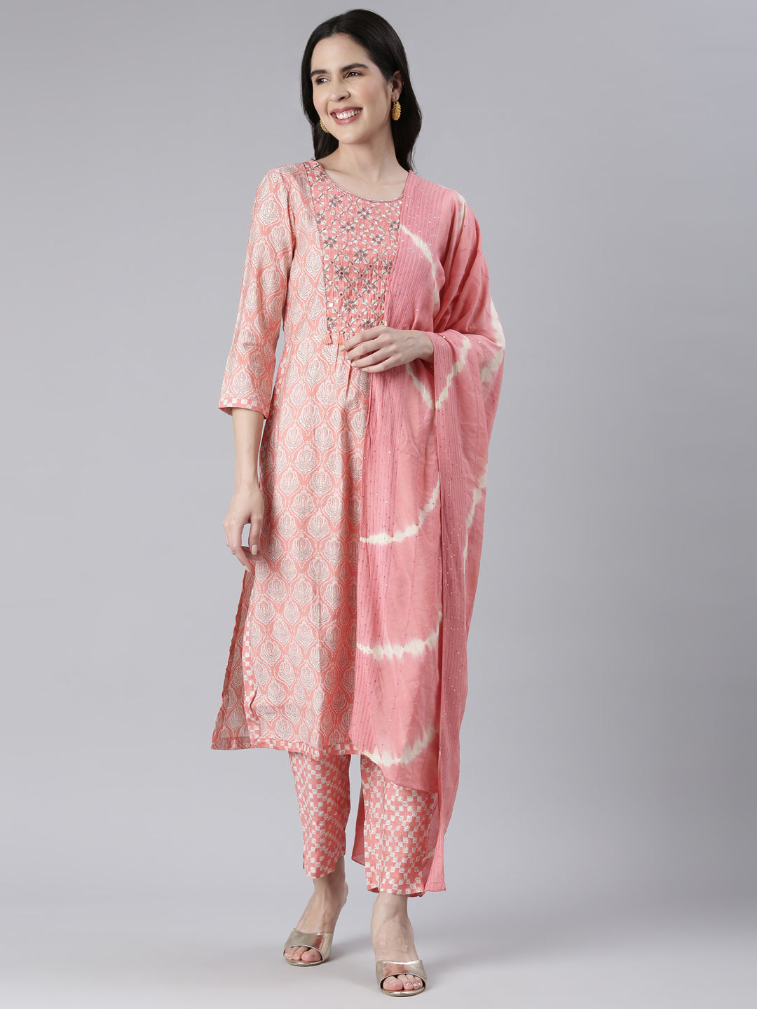 Neerus Pink Embroidered Kurta Set with Trouser and Dupatta - front view