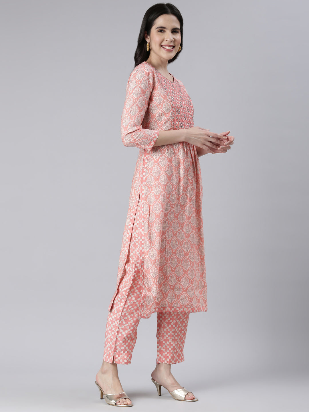 Neerus Pink Embroidered Kurta Set with Trouser and Dupatta - back view