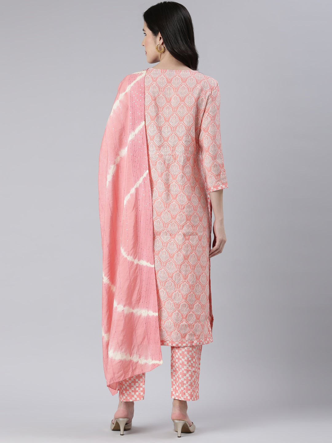 Neerus Pink Embroidered Kurta Set with Trouser and Dupatta - side view
