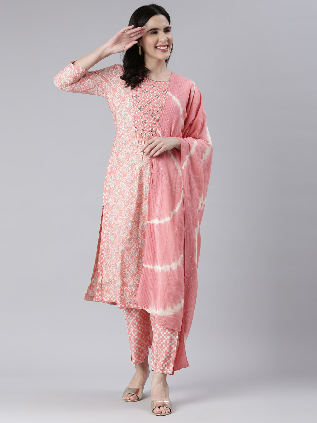 Neerus Pink Embroidered Kurta Set with Trouser and Dupatta - detail view 2