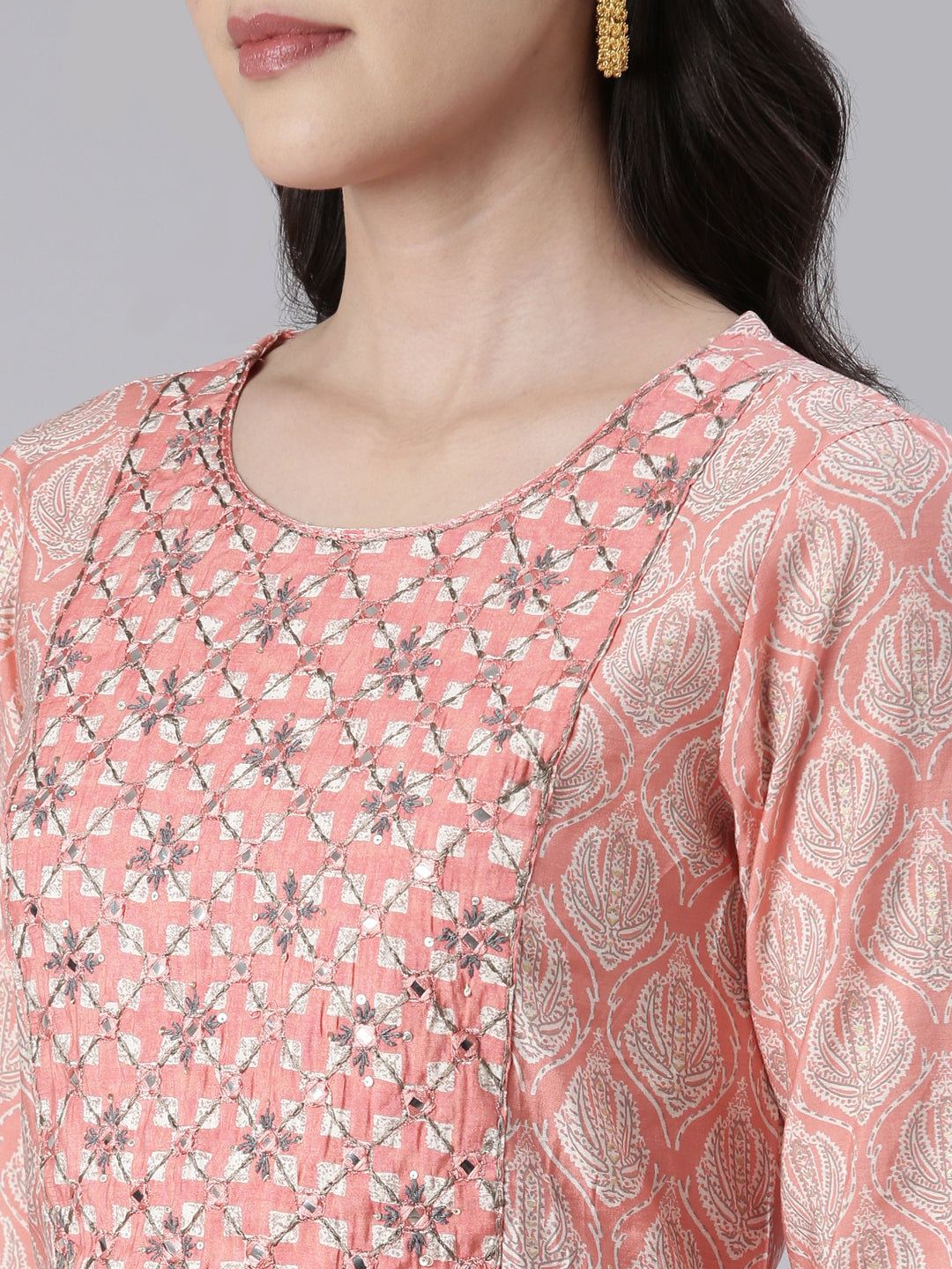Neerus Pink Embroidered Kurta Set with Trouser and Dupatta - detail view 1