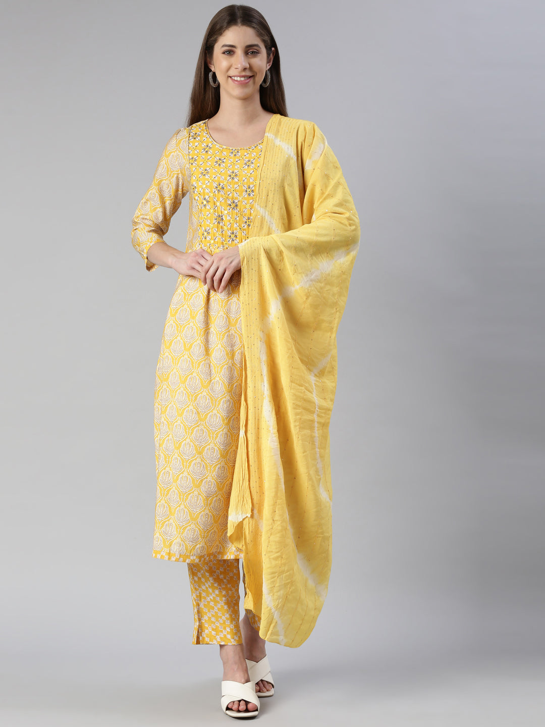 Neerus Women Yellow Yoke Design Calf Length Kurta And Trousers With Dupatta