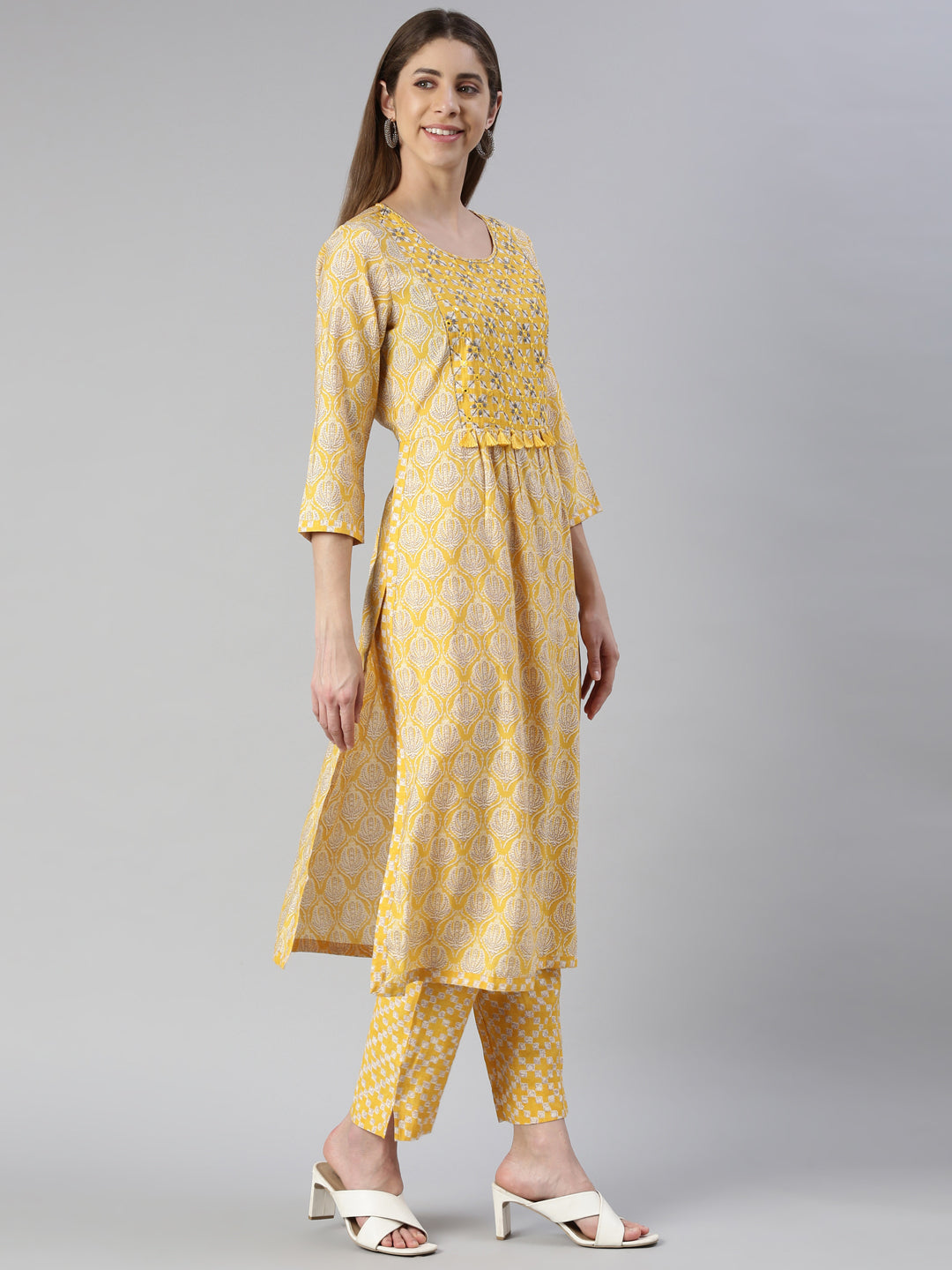 Neerus Women  Yellow Yoke Design Calf Length Kurta And Trousers With Dupatta