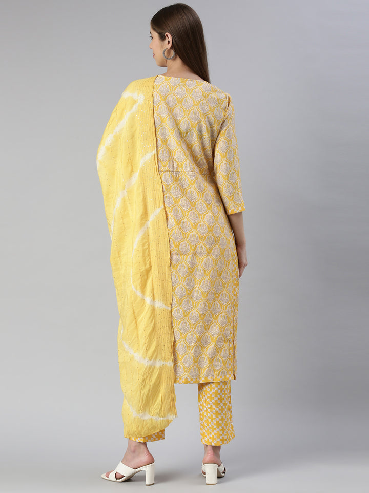 Neerus Women Yellow Yoke Design Calf Length Kurta And Trousers With Dupatta