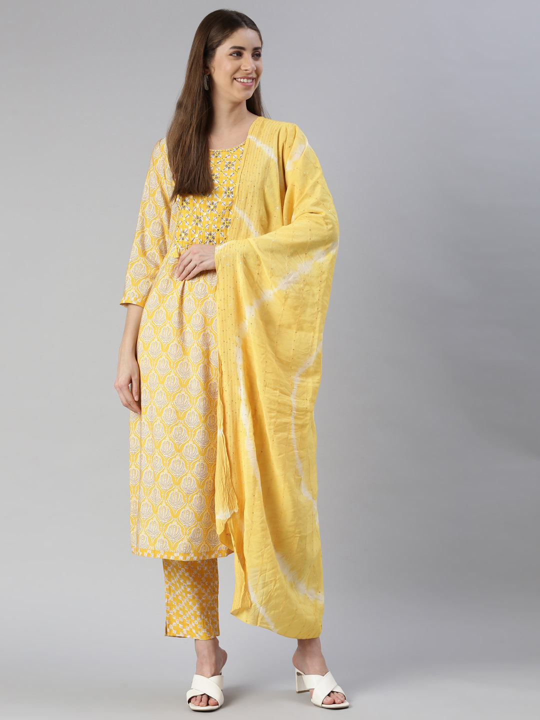 Neerus Women Yellow Yoke Design Calf Length Kurta And Trousers With Dupatta
