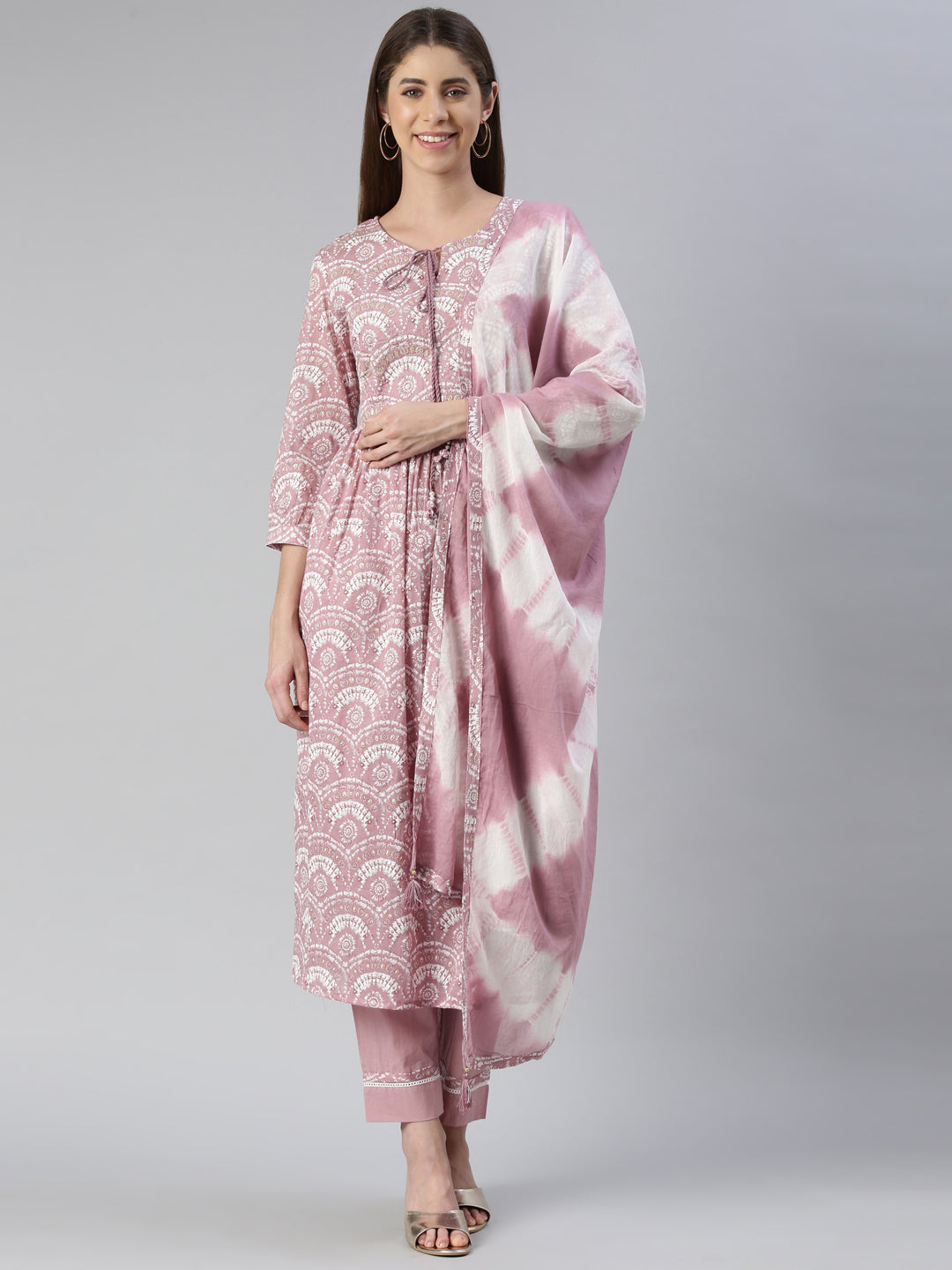 Neerus Pink solid straight kurta set with trouser and dupatta - front view