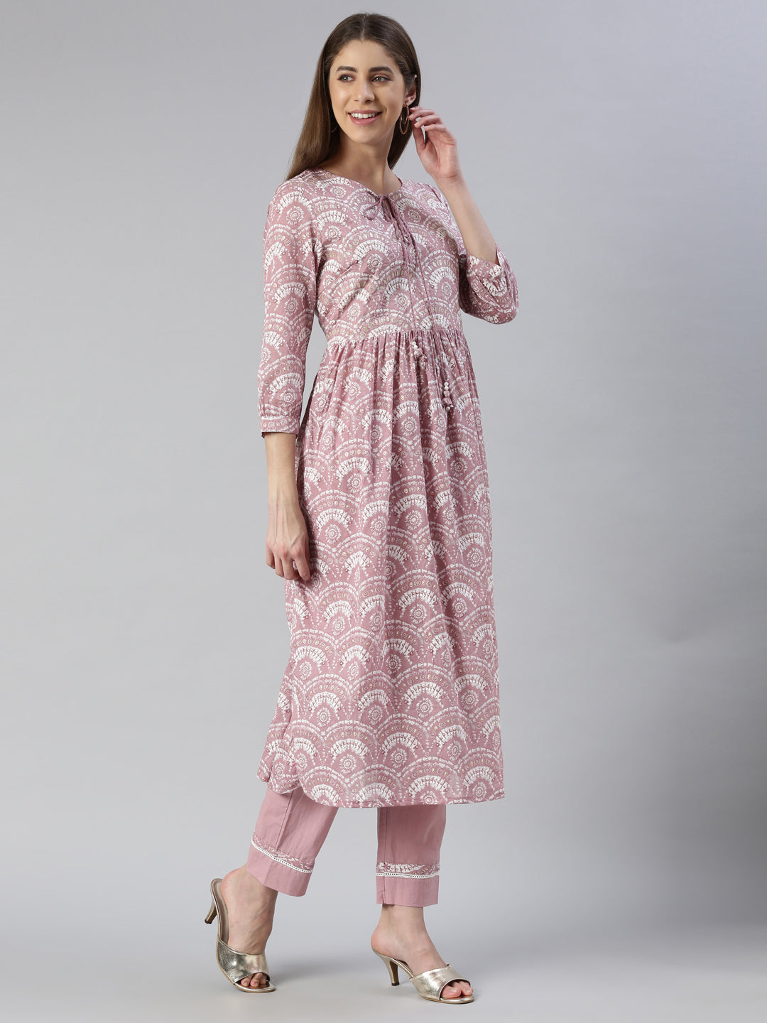 Neerus Pink solid straight kurta set with trouser and dupatta - back view