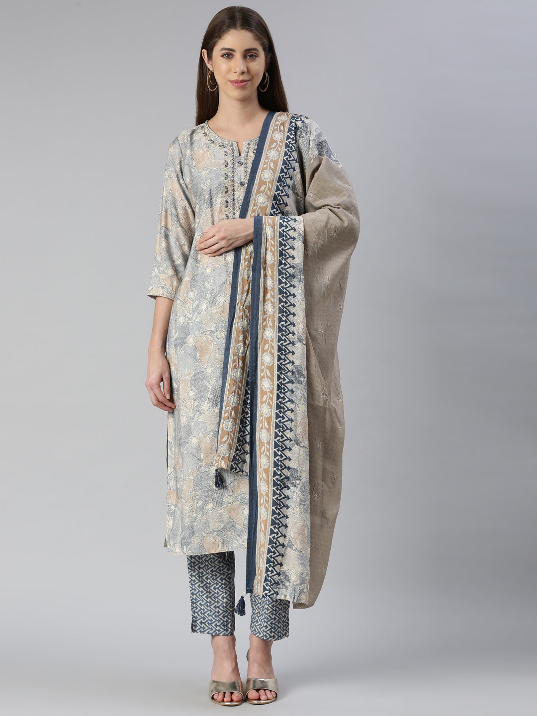 Neerus Blue printed kurta set with trouser and dupatta - front view