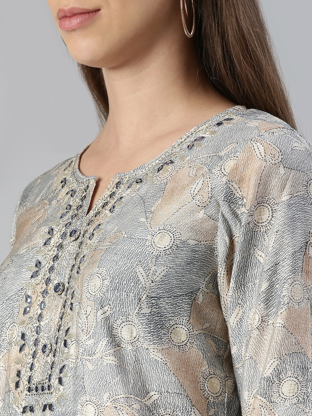 Neerus Blue printed kurta set with trouser and dupatta - detail view 1