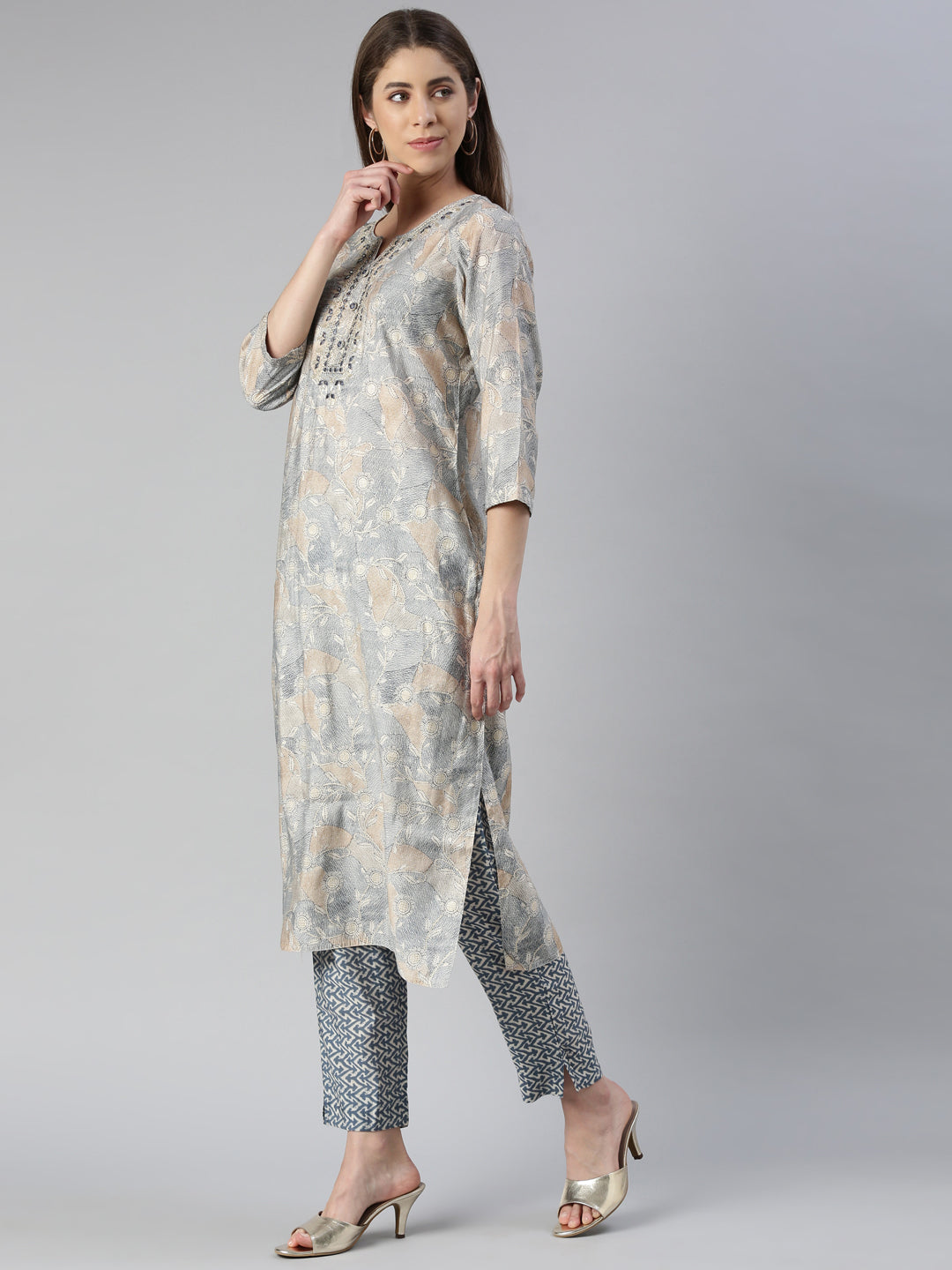 Neerus Blue printed kurta set with trouser and dupatta - back view