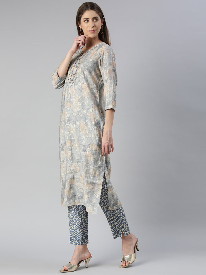 Neerus Blue printed kurta set with trouser and dupatta - back view