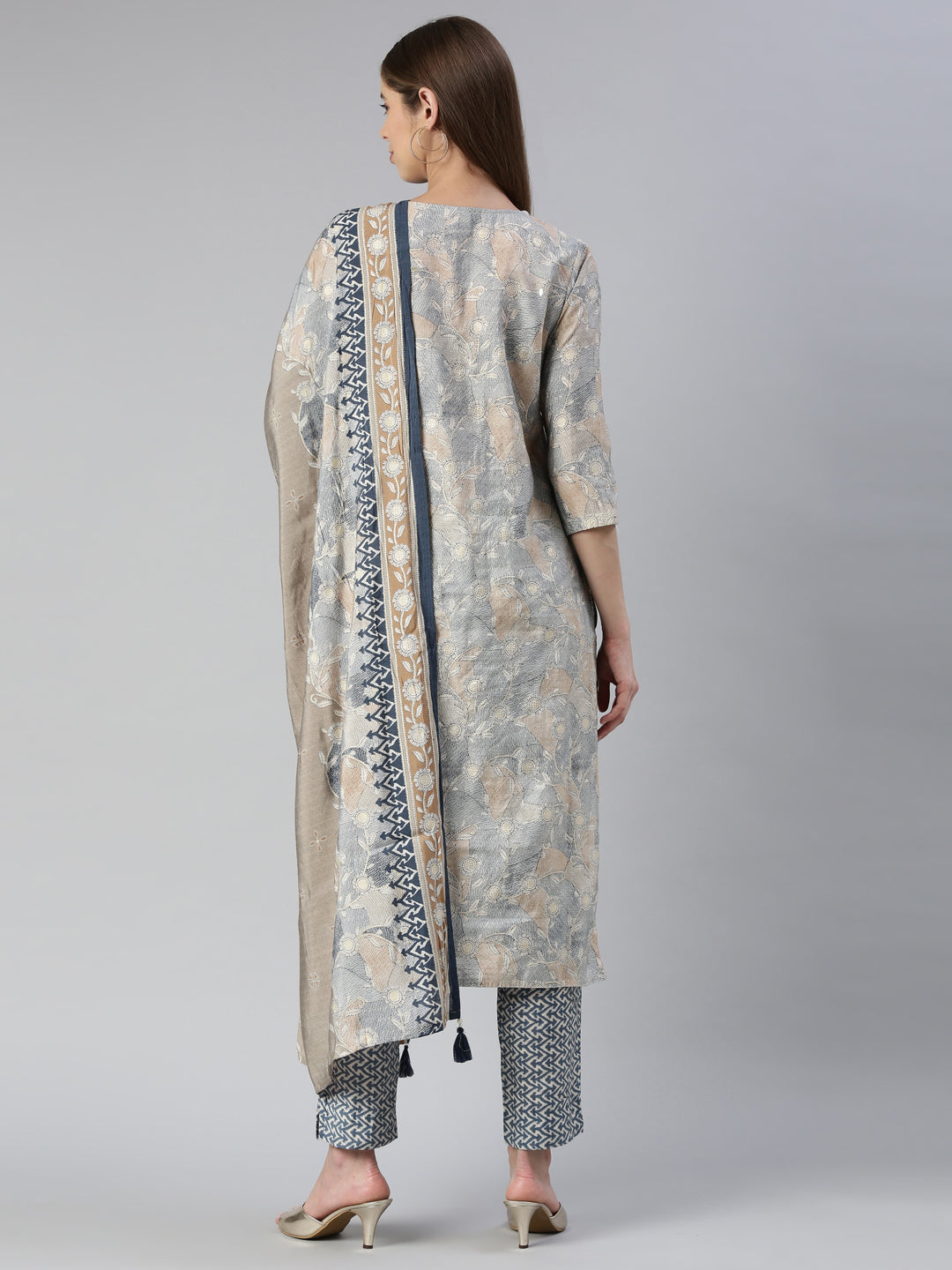 Neerus Blue printed kurta set with trouser and dupatta - side view