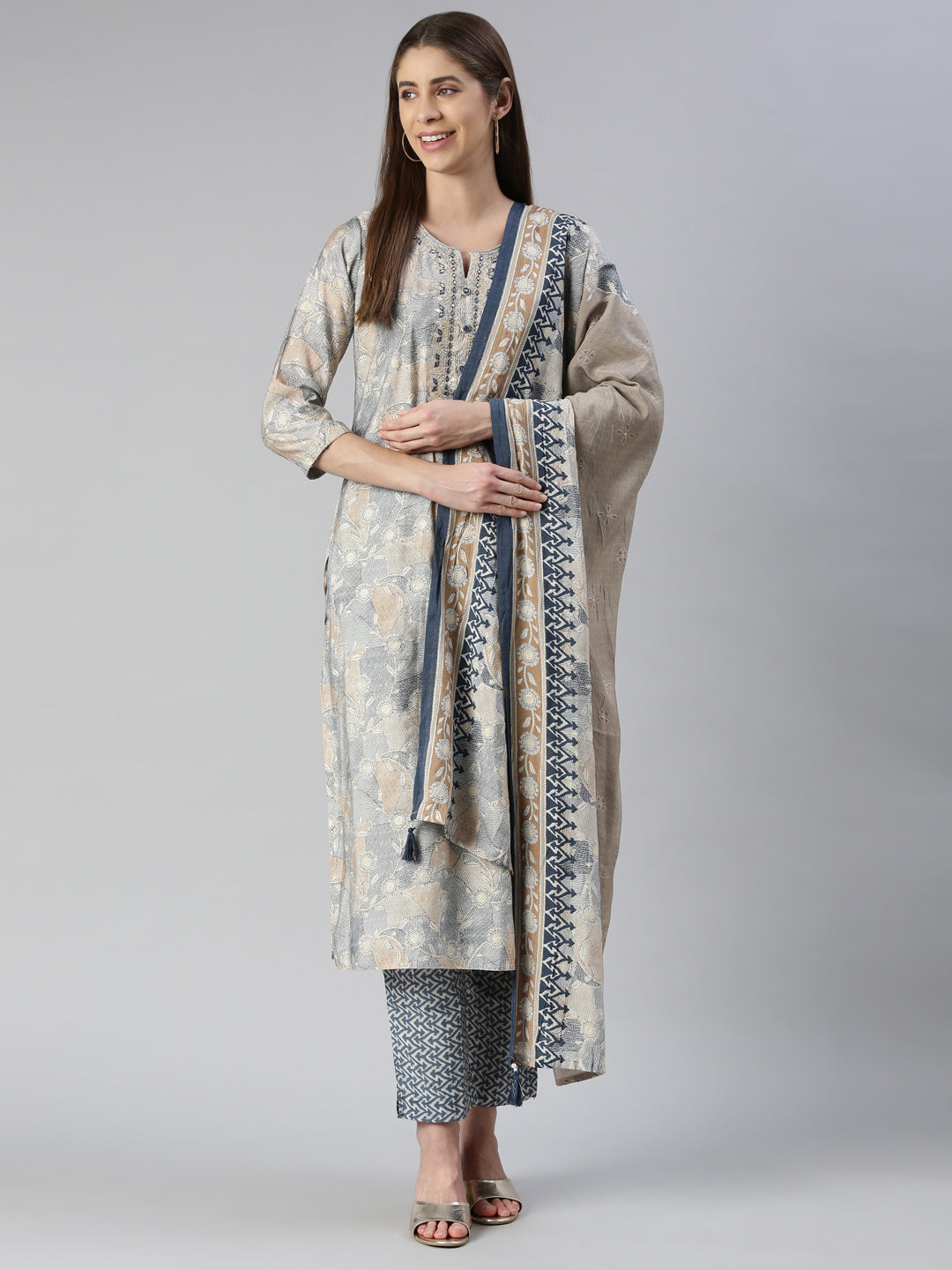 Neerus Blue printed kurta set with trouser and dupatta - detail view 2