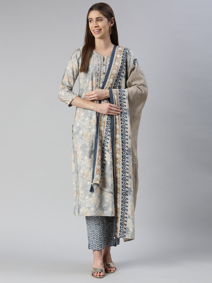 Neerus Blue printed kurta set with trouser and dupatta - detail view 2