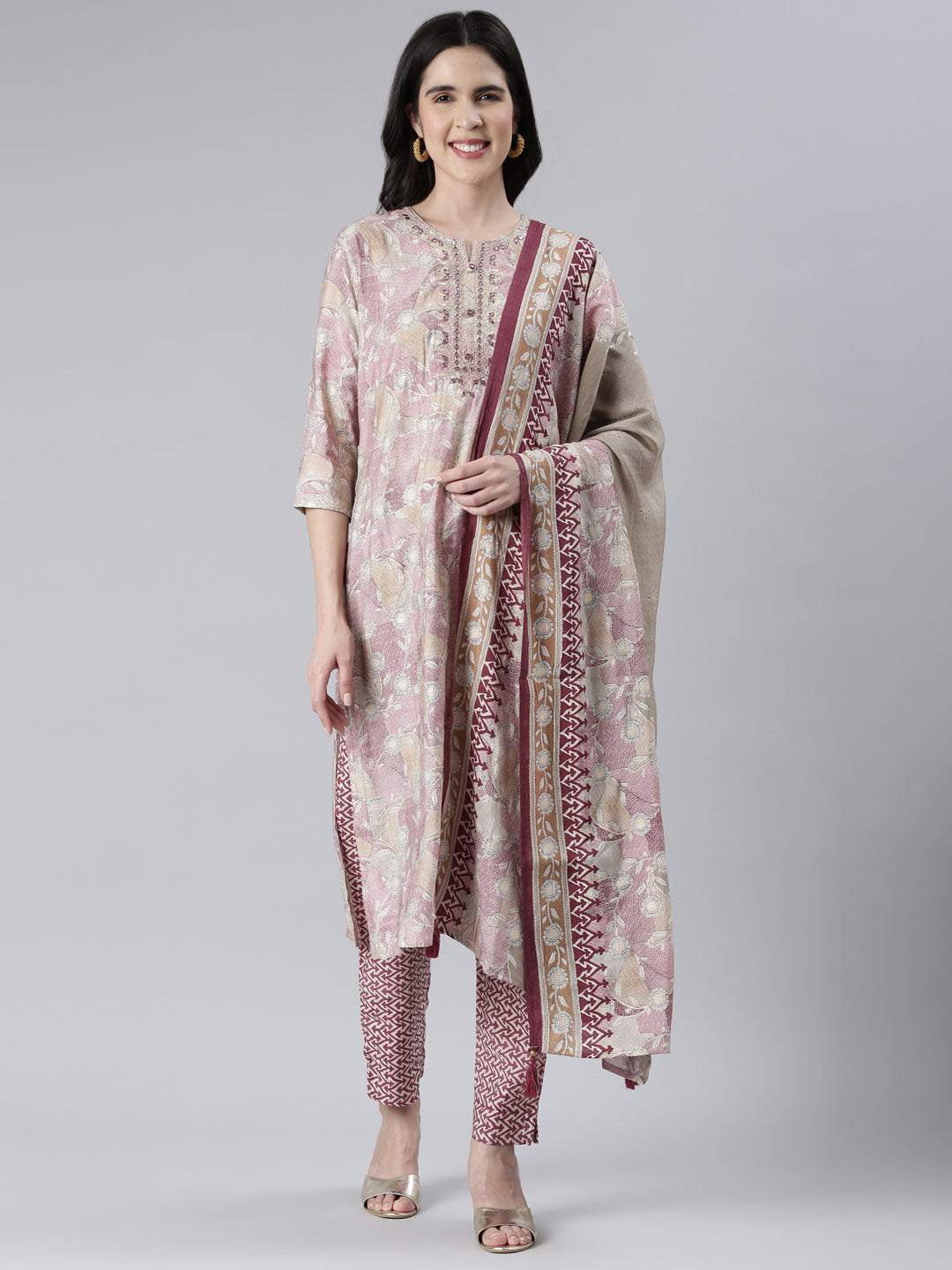 Neerus Women  Wine Printed Calf Length Kurta And Trousers With Dupatta