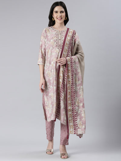 Neerus Women  Wine Printed Calf Length Kurta And Trousers With Dupatta