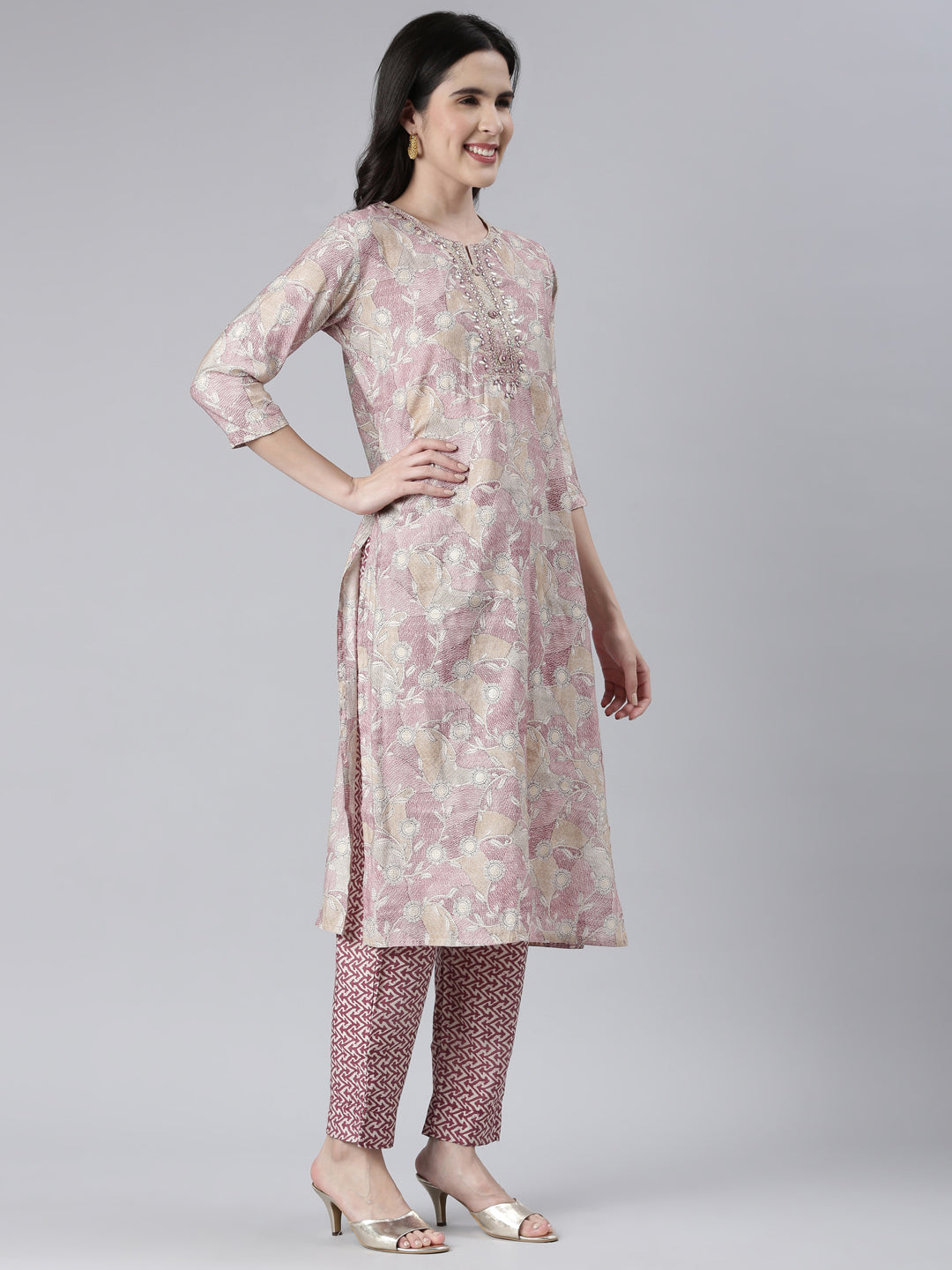 Neerus Women  Wine Printed Calf Length Kurta And Trousers With Dupatta